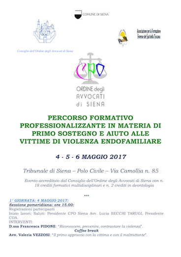 Percorso formativo professionalizzante in materia di primo sostegno e aiuto alle vittime di violenza endofamiliare